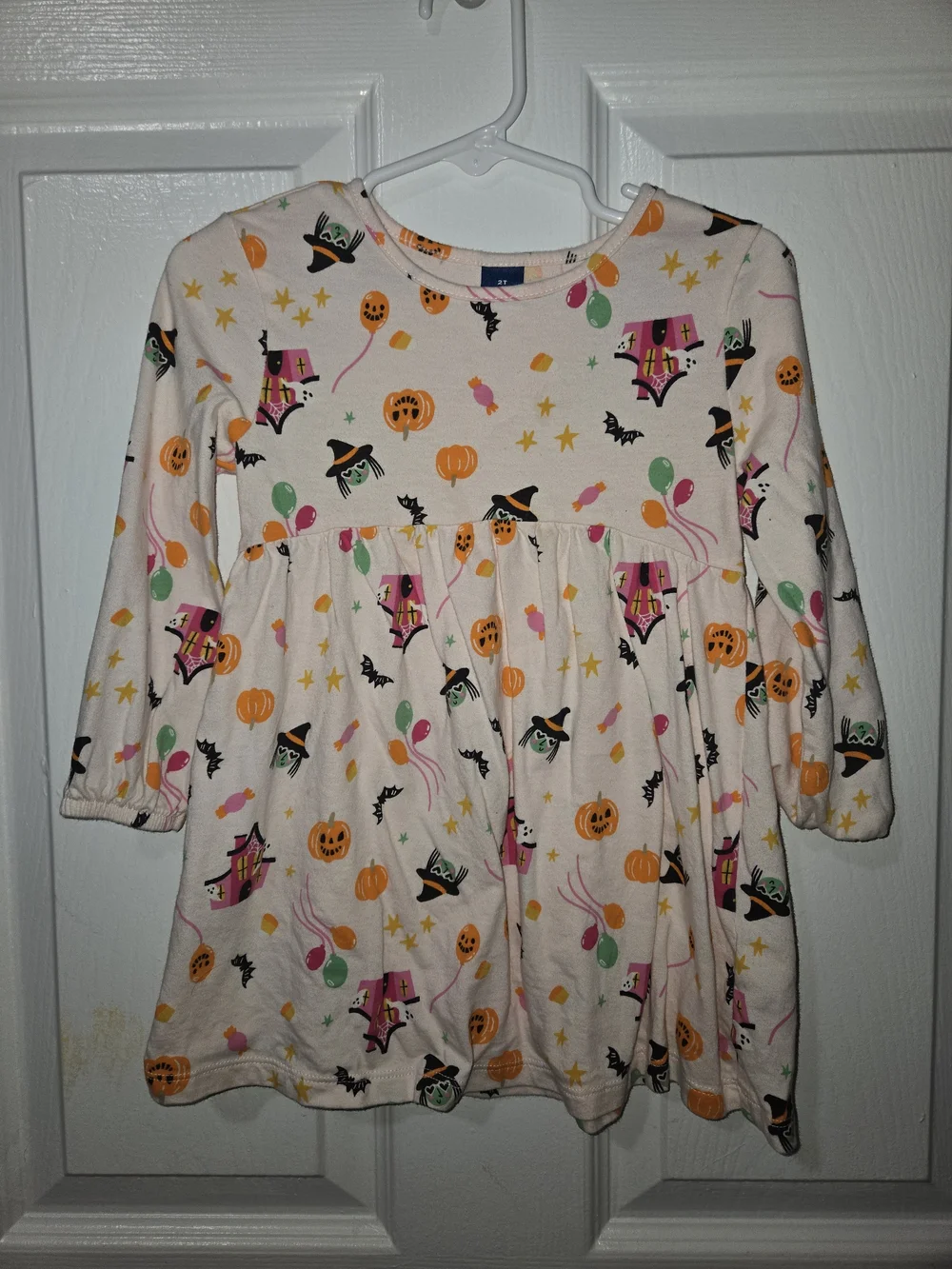 Halloween Print Toddler Dress - Cream with Orange, Pink & Green